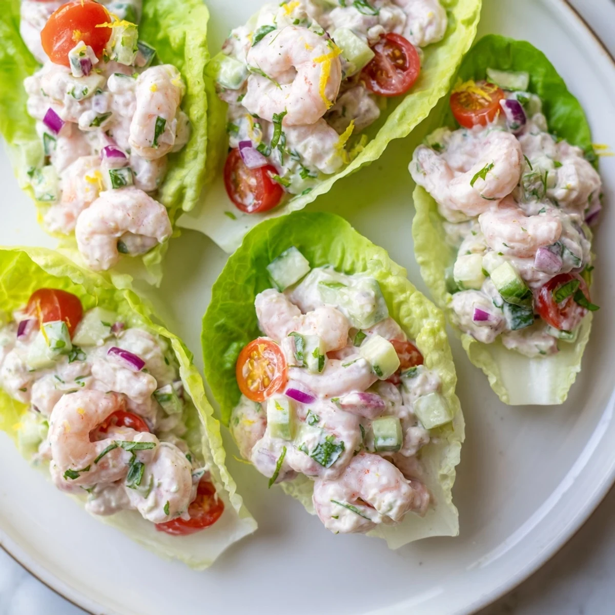 Cottage cheese lemon basil shrimp salad piled high in crisp butter lettuce cups