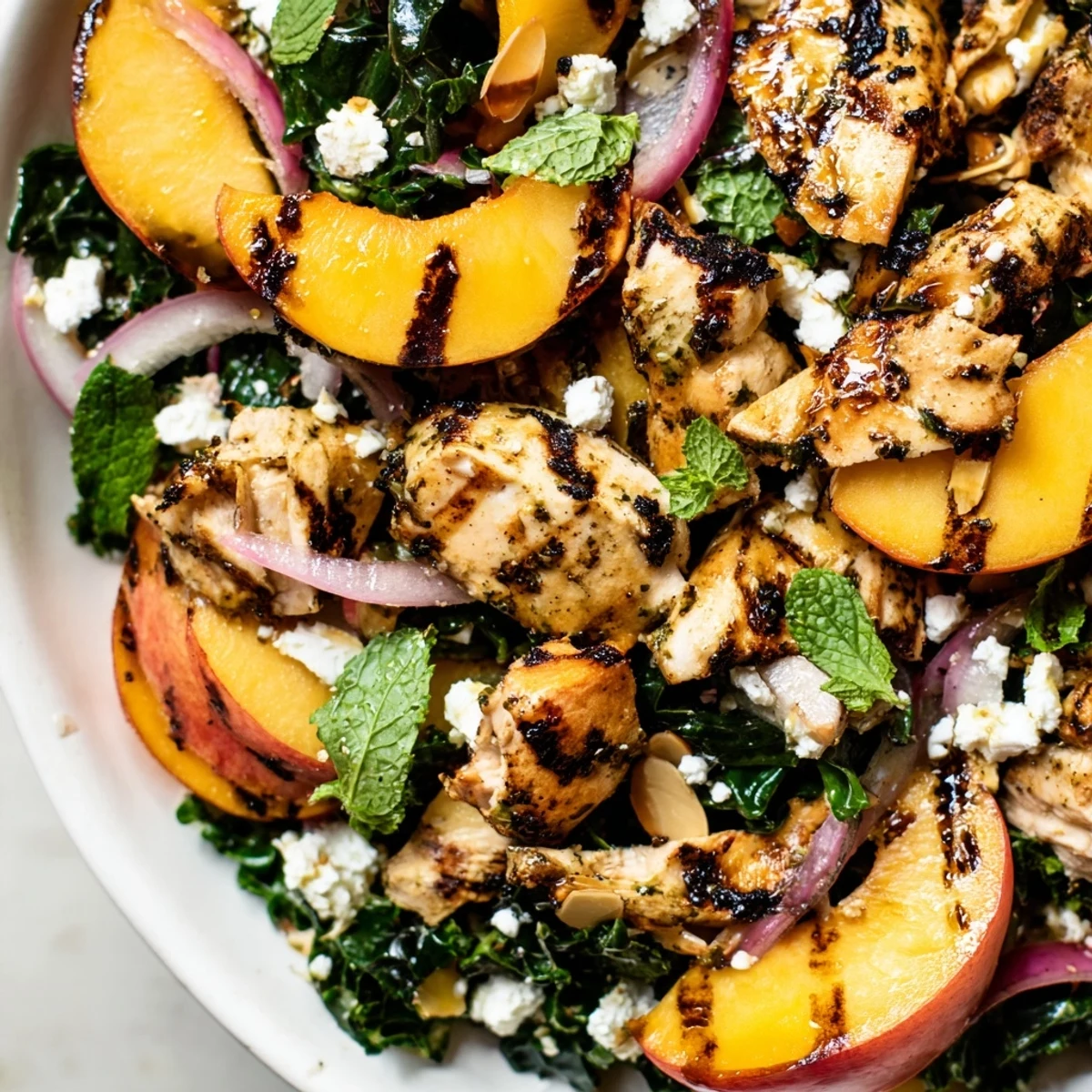 Golden grilled peach slices nestled beside tender chicken over crisp kale with fresh herbs