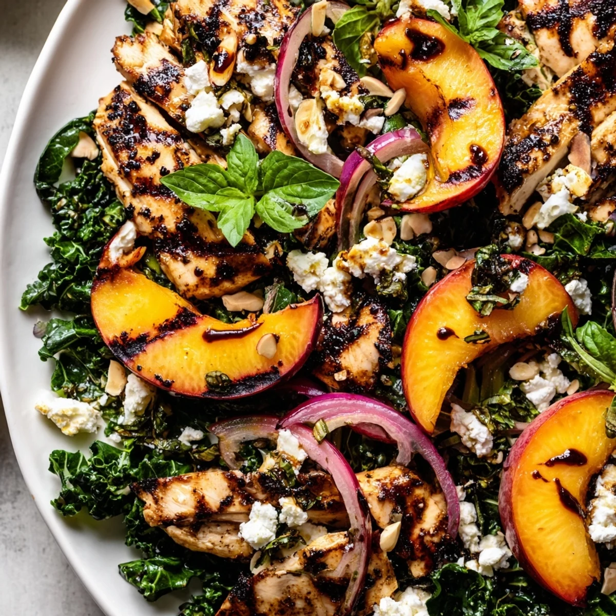 Colorful Grilled Peach and Kale Chicken Salad drizzled with balsamic dressing and toasted almonds
