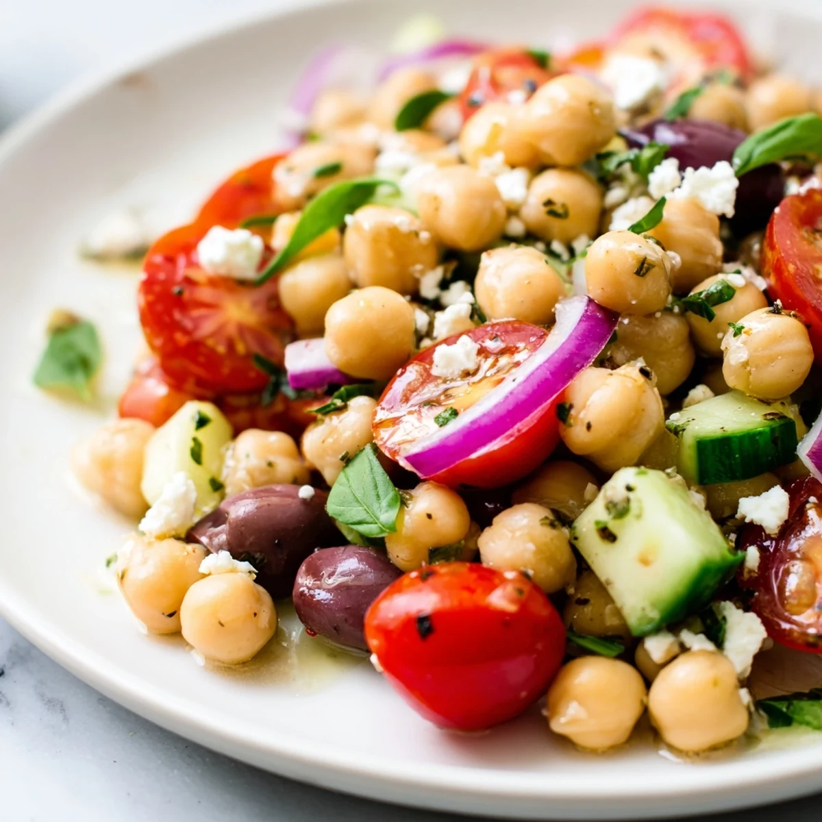 Colorful Mediterranean chickpea salad with ripe tomatoes, cool cucumber, and fresh basil leaves on a rustic wooden board