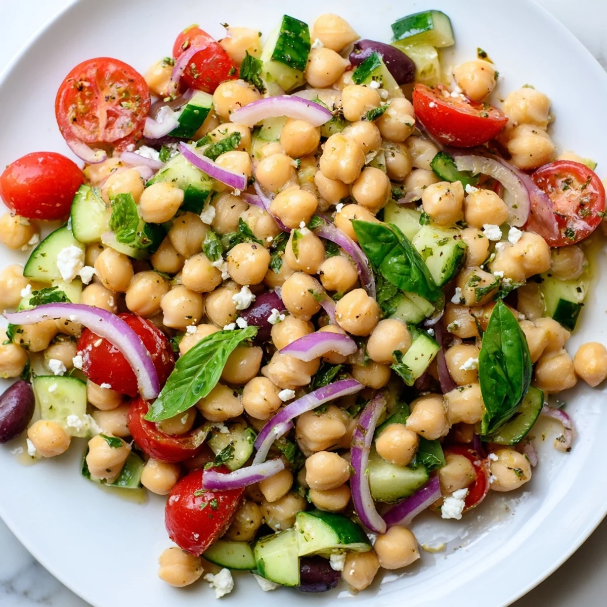 Bowl of Mediterranean chickpea salad glistening with lemon herb dressing beside torn basil and sliced cherry tomatoes