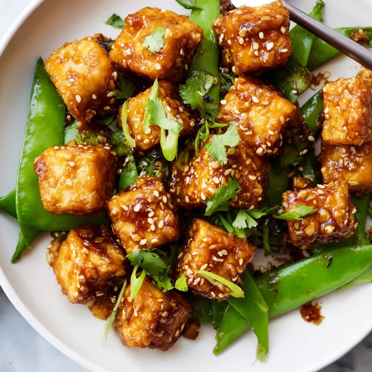 Golden crispy chili garlic tofu cubes glazed in spicy sauce with bright green sesame snap peas
