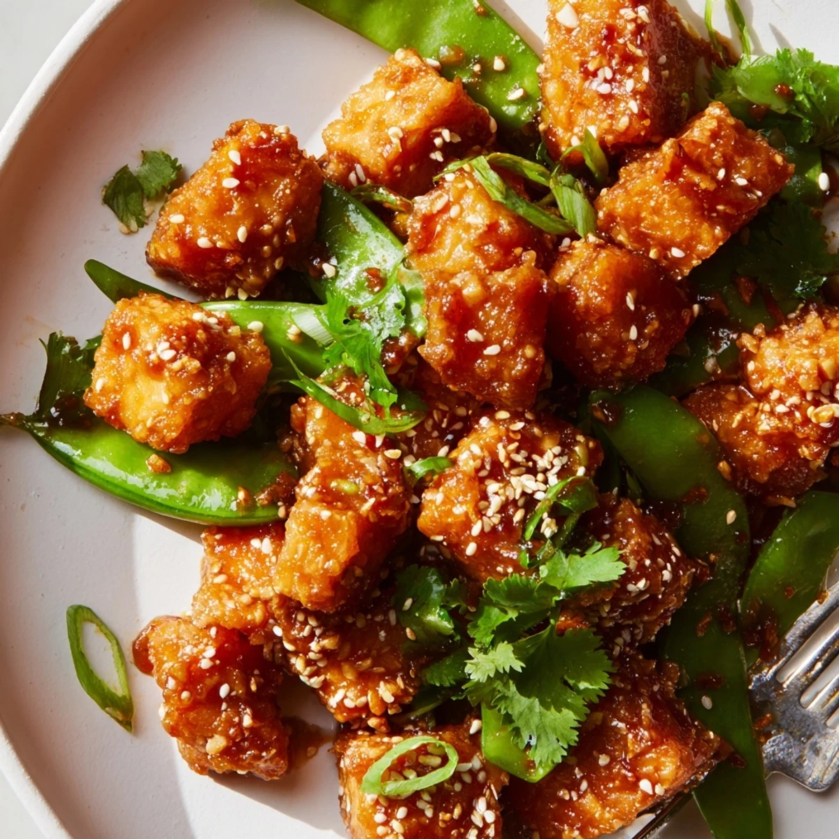 Pan-fried crispy chili garlic tofu coated in a sticky glaze served over tender snap peas