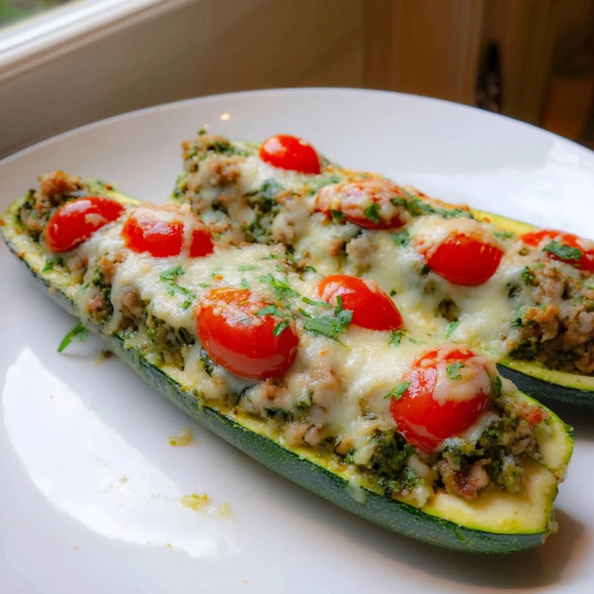 Golden pesto turkey and spinach zucchini boats topped with melted mozzarella and fresh basil