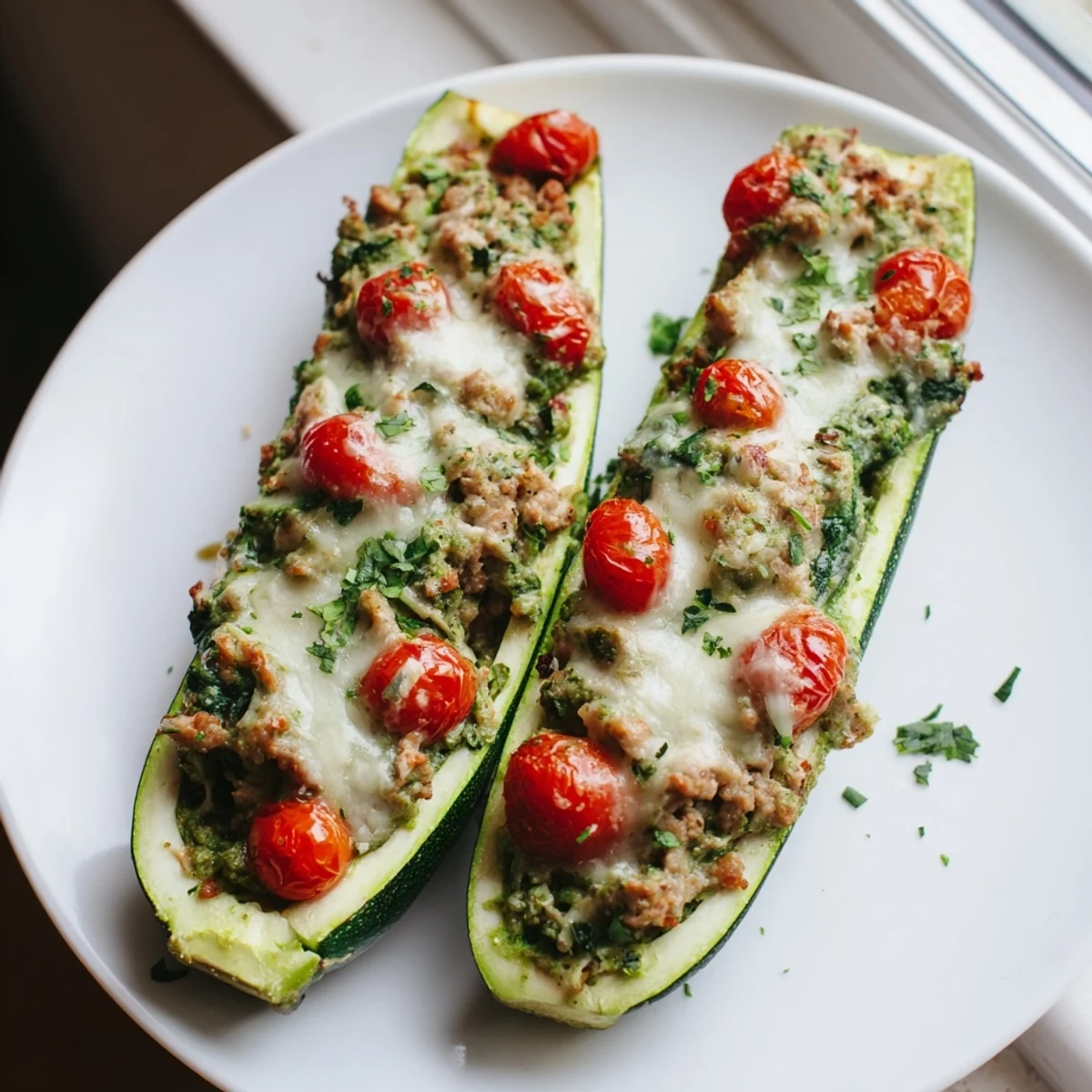 Tender baked pesto turkey and spinach zucchini boats bubbling with melted Parmesan cheese