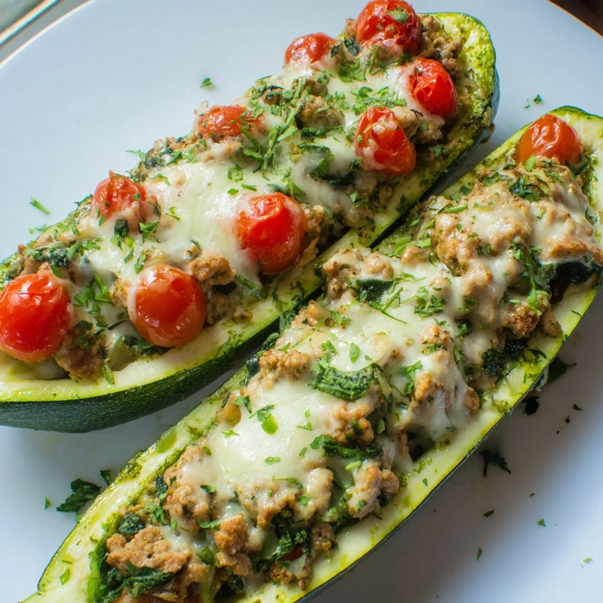 Vibrant pesto turkey and spinach zucchini boats garnished with herbs on a rustic baking dish
