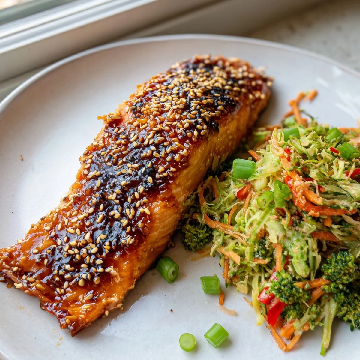 Caramelized miso maple salmon fillets with a glossy glaze resting on a sesame broccoli slaw plate