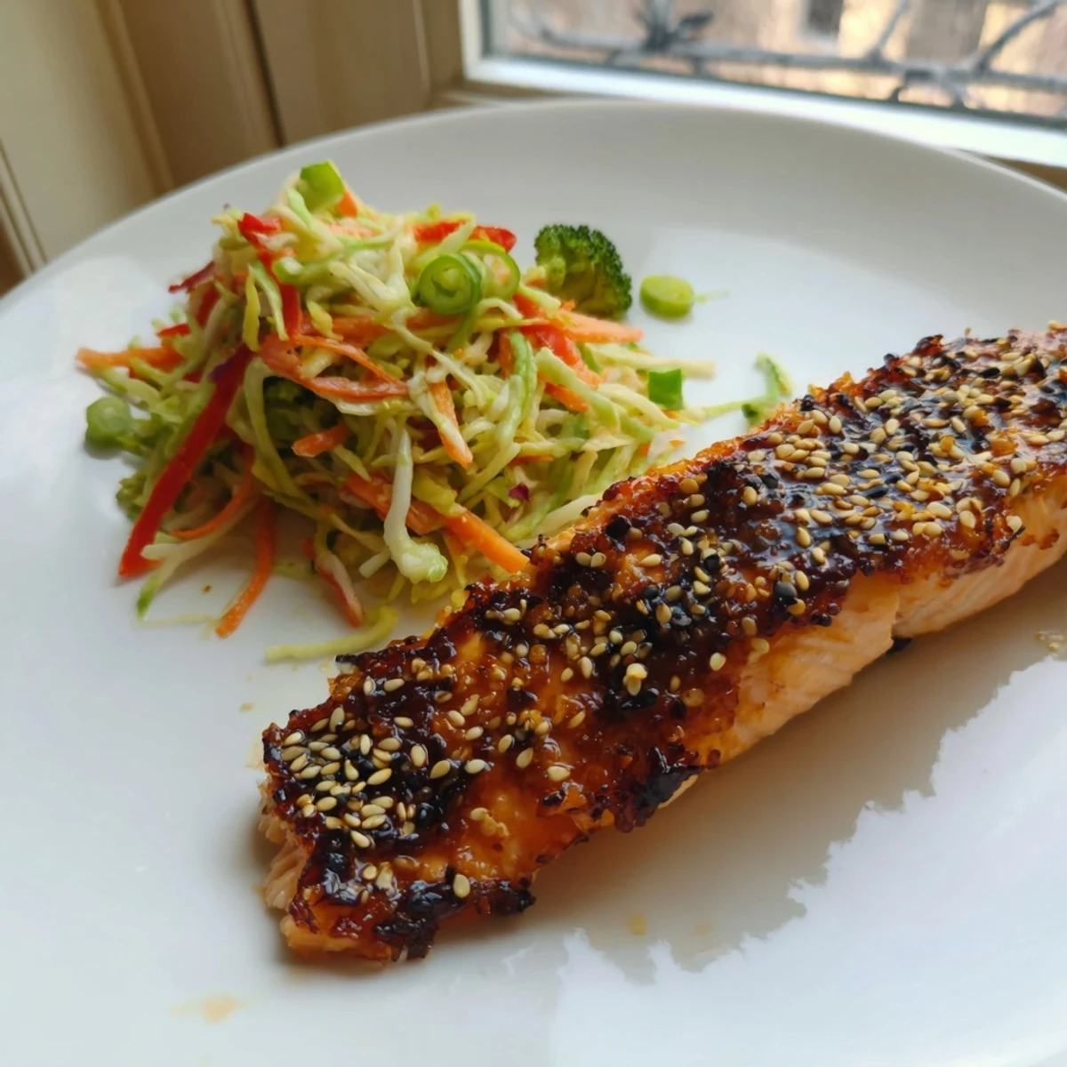 Golden baked miso maple salmon served with crisp sesame broccoli slaw in a creamy ginger dressing