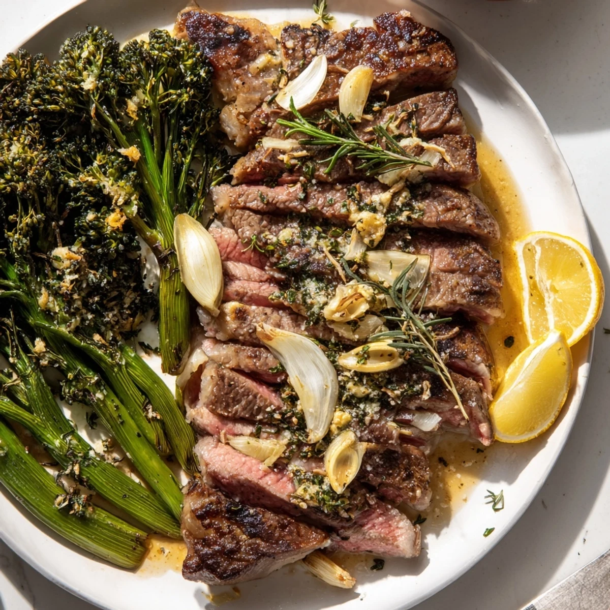 Garlic herb steak with roasted broccolini and lemon, sizzling in a cast-iron skillet