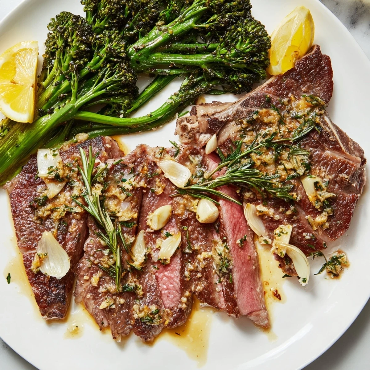 Pan-seared garlic herb steak plated alongside charred broccolini with bright lemon wedges