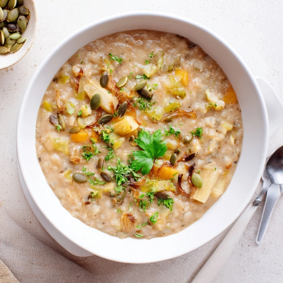 Golden roasted salsify blended into a hearty white bean soup served hot with crusty bread for a cozy meal.