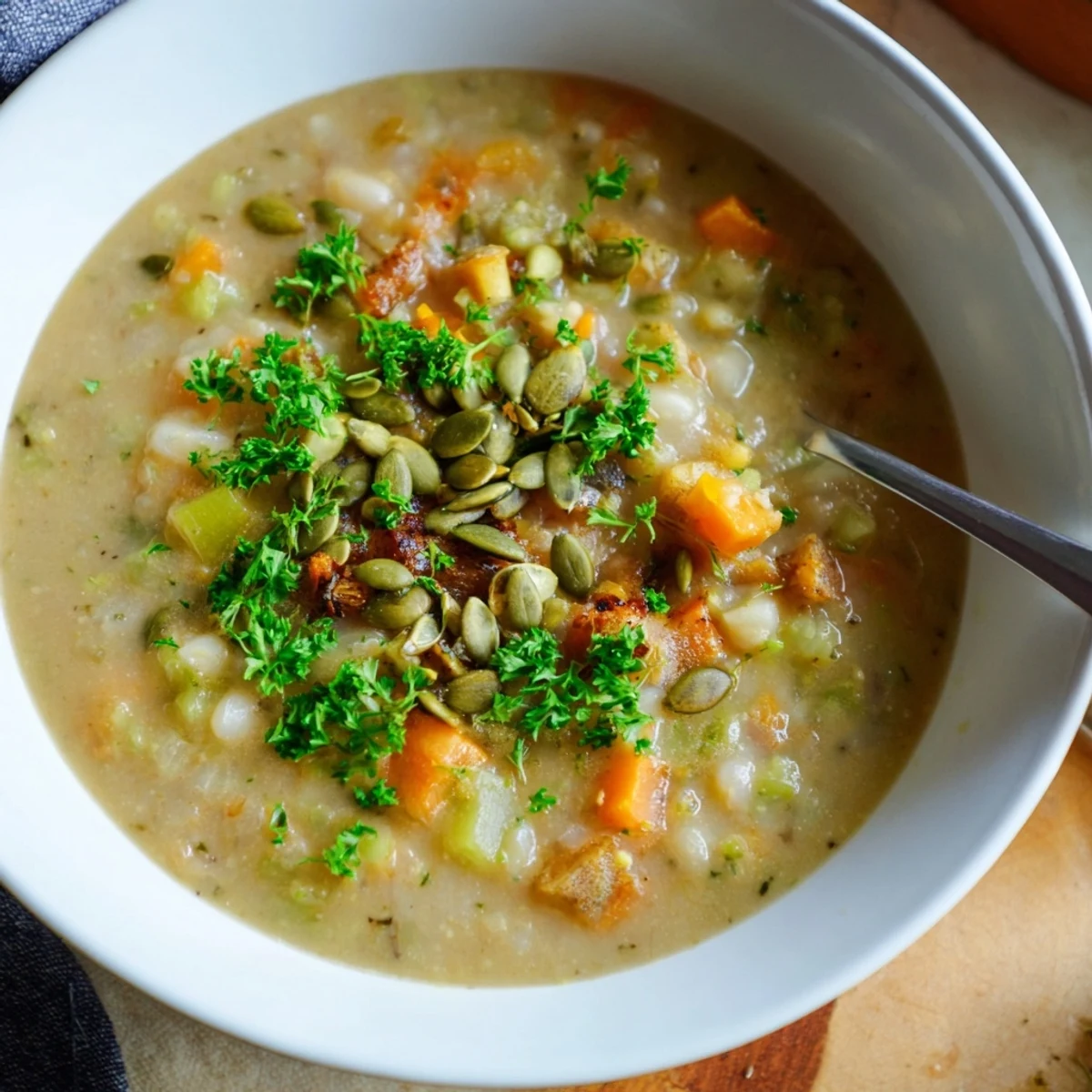 Creamy roasted salsify and white bean soup garnished with parsley and toasted pumpkin seeds in a rustic bowl.