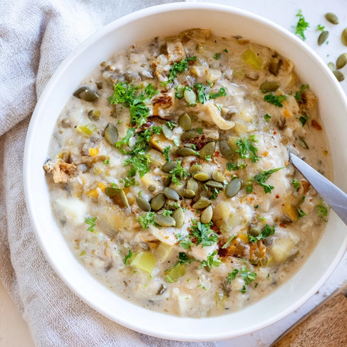 Savory vegetarian soup featuring roasted salsify roots and creamy white beans topped with fresh parsley and crunchy seeds.