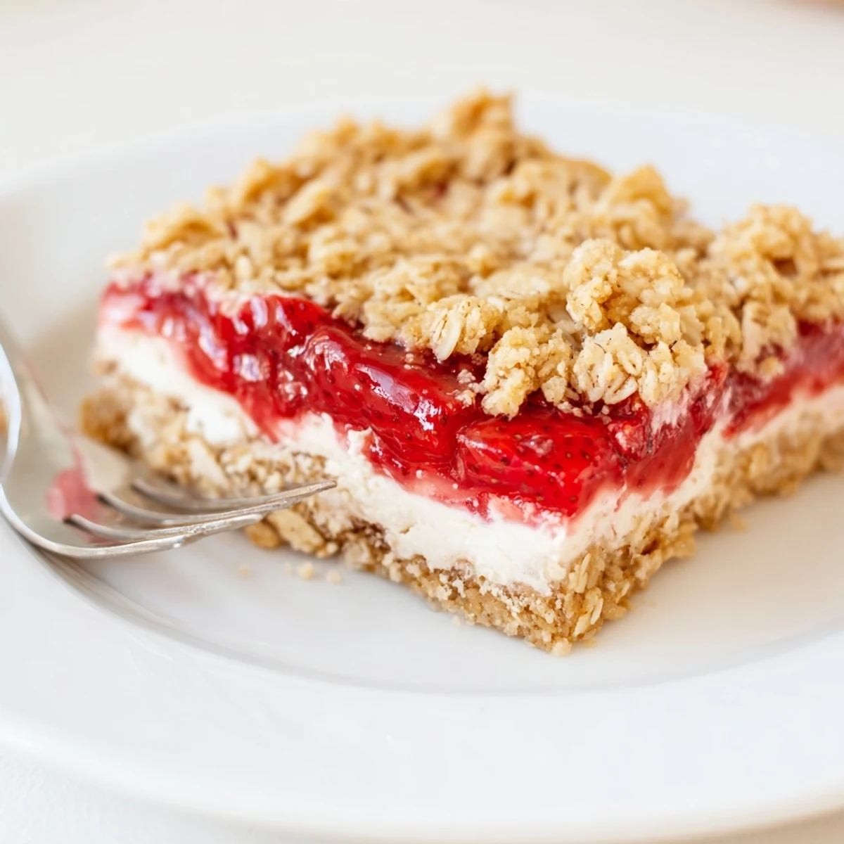 Square slices of strawberry vanilla cashew cream crumble bars on a wooden board  