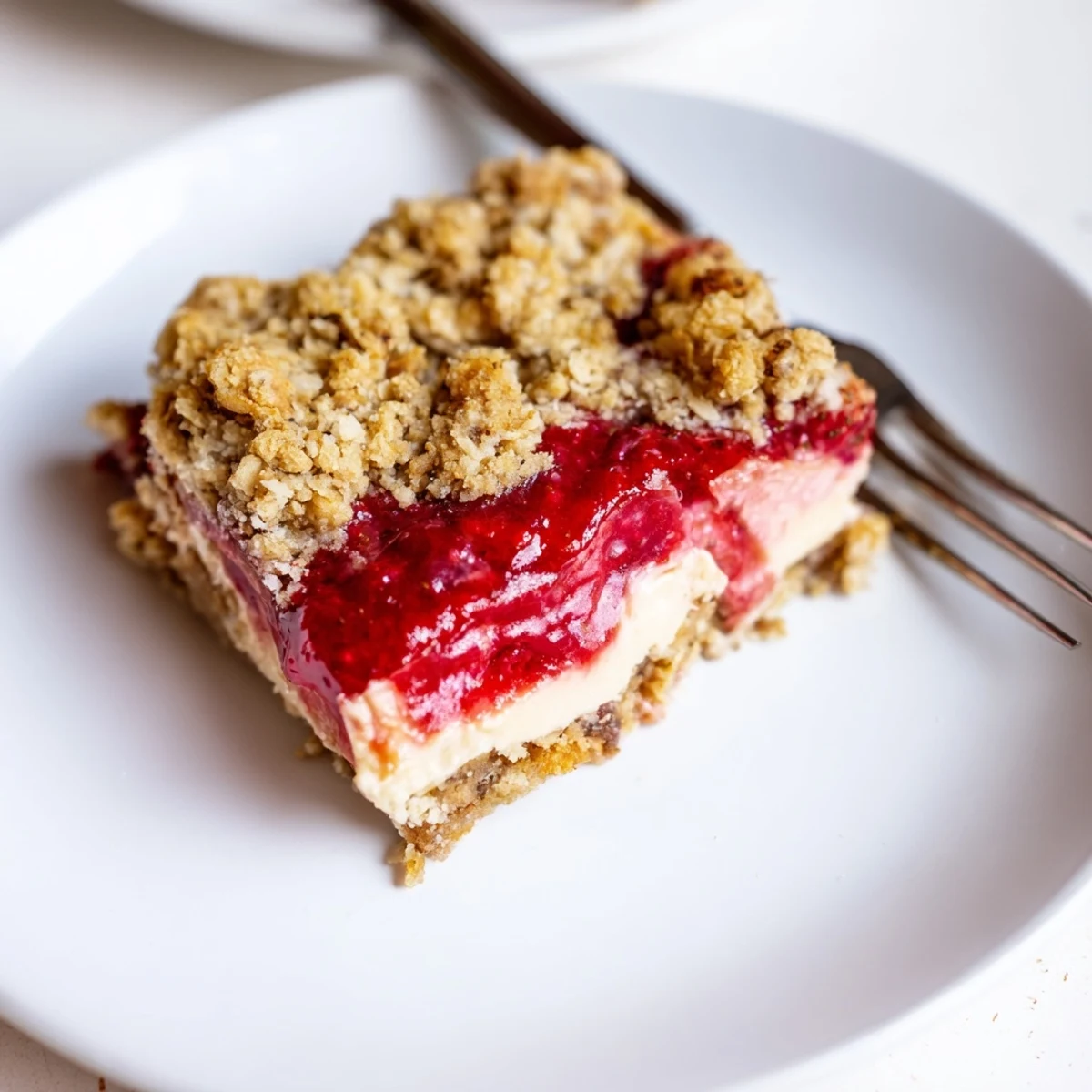 Golden oat crumble tops rich layers of sweet strawberry compote and vanilla cashew cream  