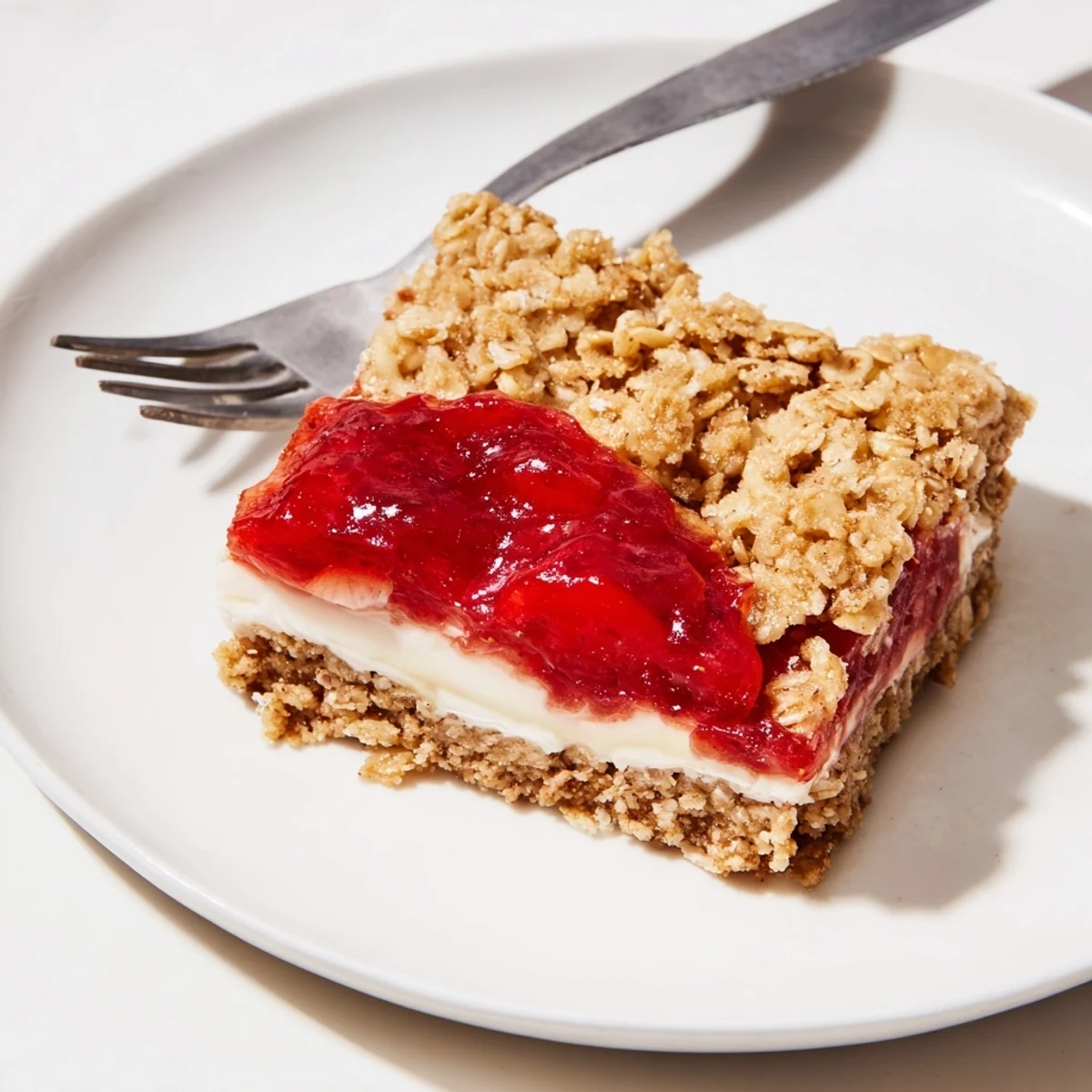 Homemade vegan dessert bars featuring fresh strawberry jam and creamy cashew filling on a plate