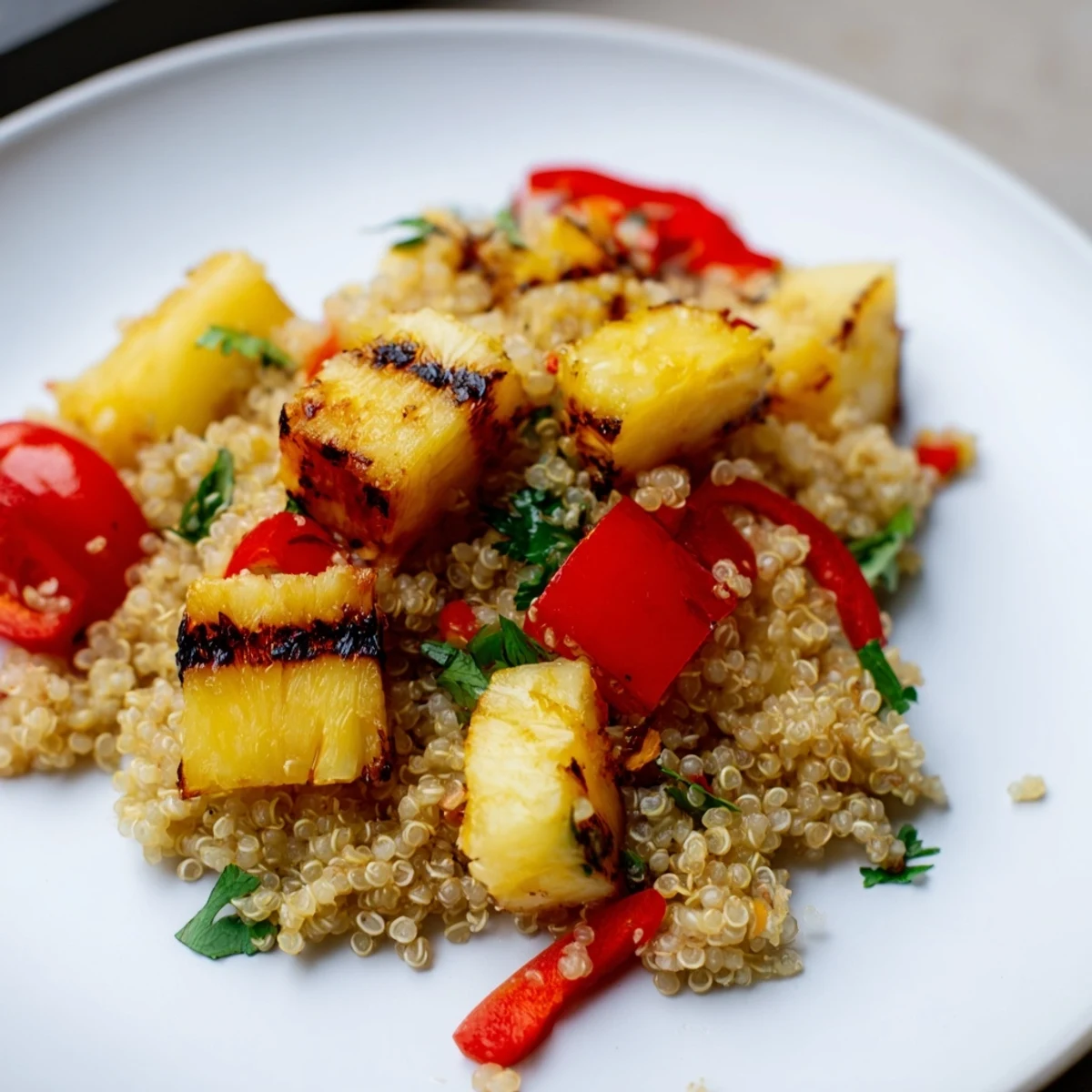 Vibrant grilled pineapple chili cilantro quinoa grain salad topped with fresh avocado and juicy tomatoes.