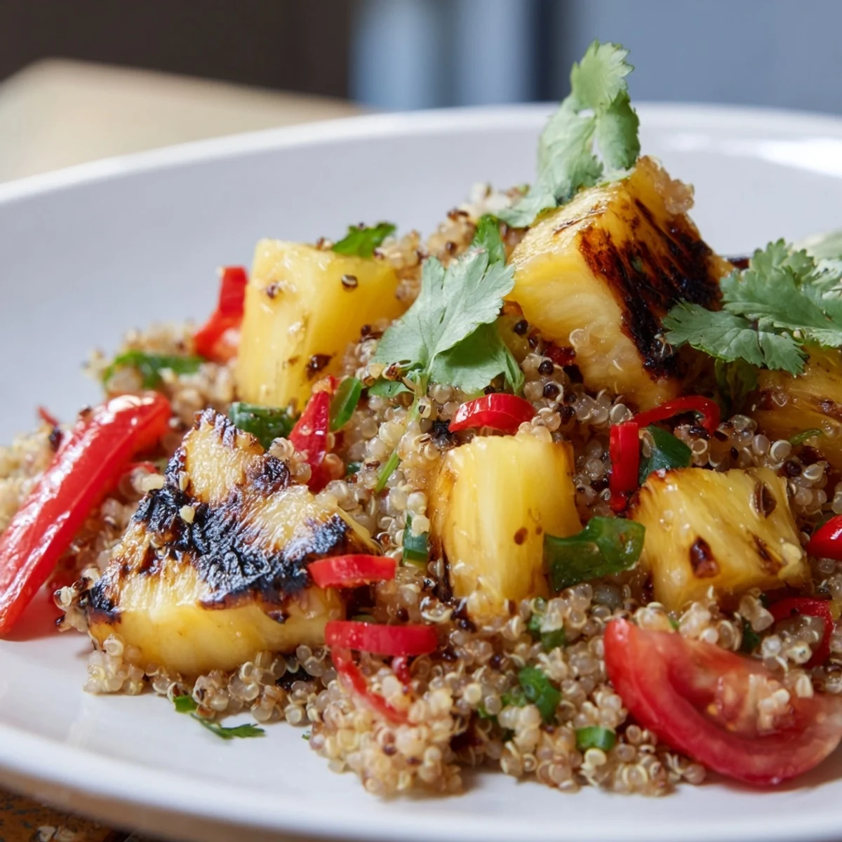 Glazed pineapple rings arranged on a bed of fluffy quinoa mixed with zesty red bell peppers.