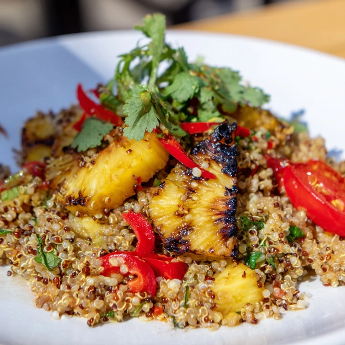 A refreshing bowl of vegan grilled pineapple chili cilantro quinoa salad drizzled with tangy lime dressing.