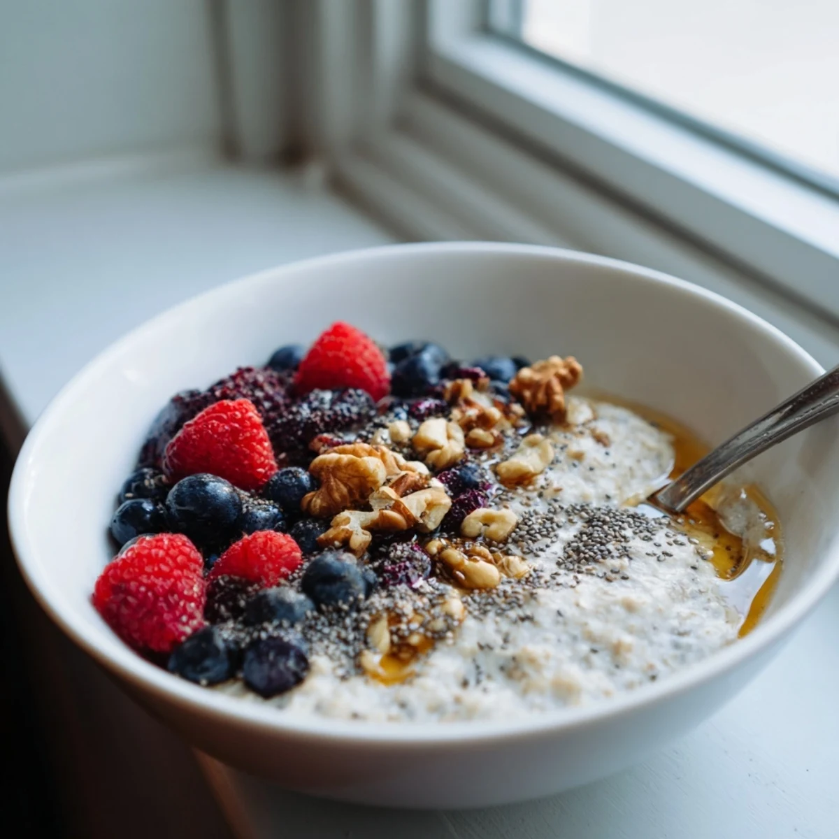 Creamy vanilla maple sorghum porridge topped with fresh berries and toasted nuts