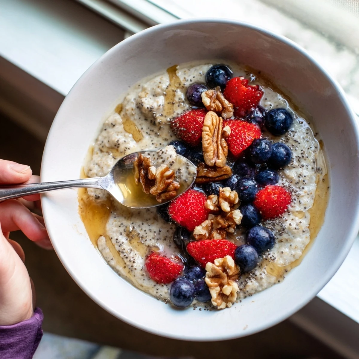 A comforting bowl of vanilla maple sorghum porridge drizzled with sweet syrup