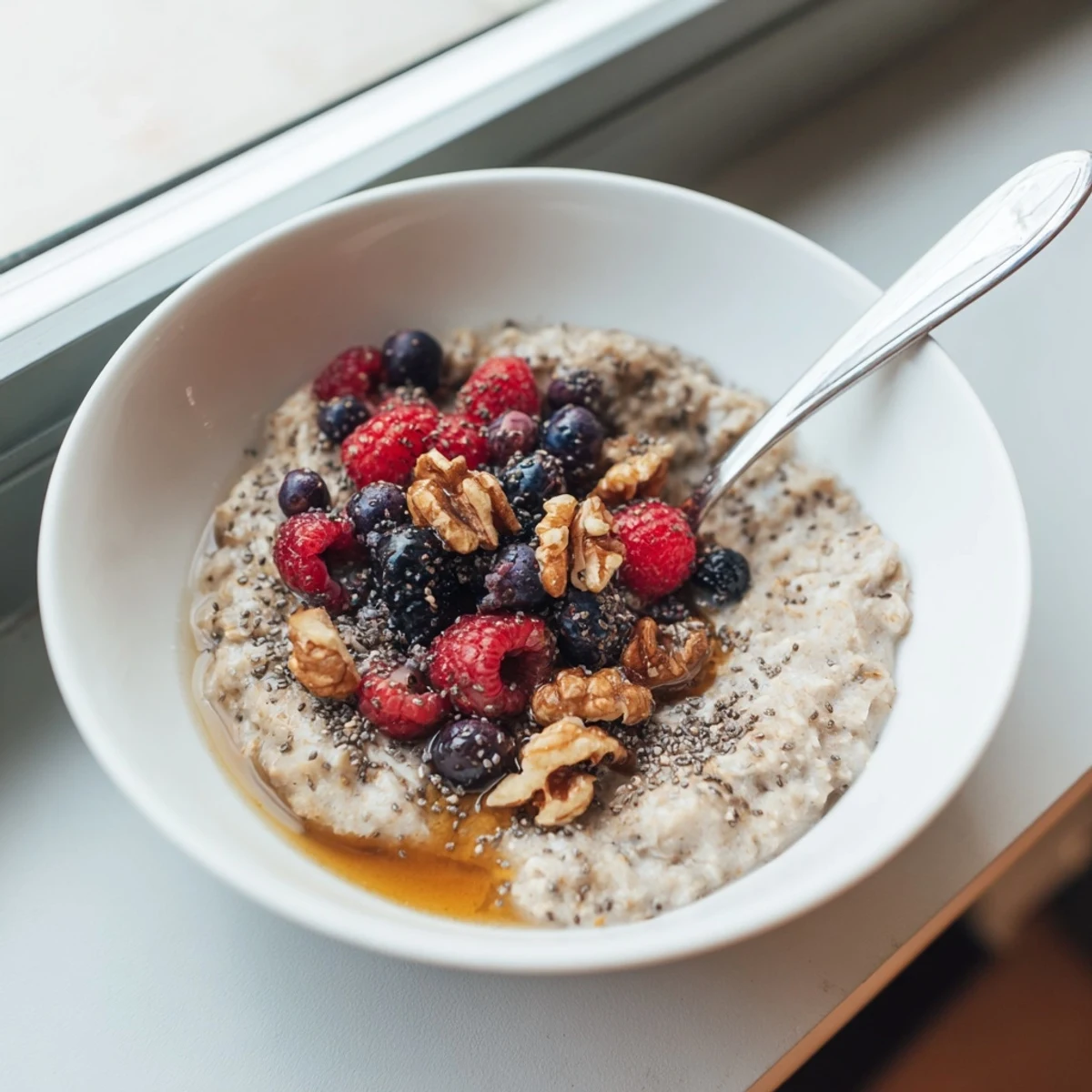 Warm gluten-free vanilla maple sorghum breakfast bowl with coconut flakes and chia seeds