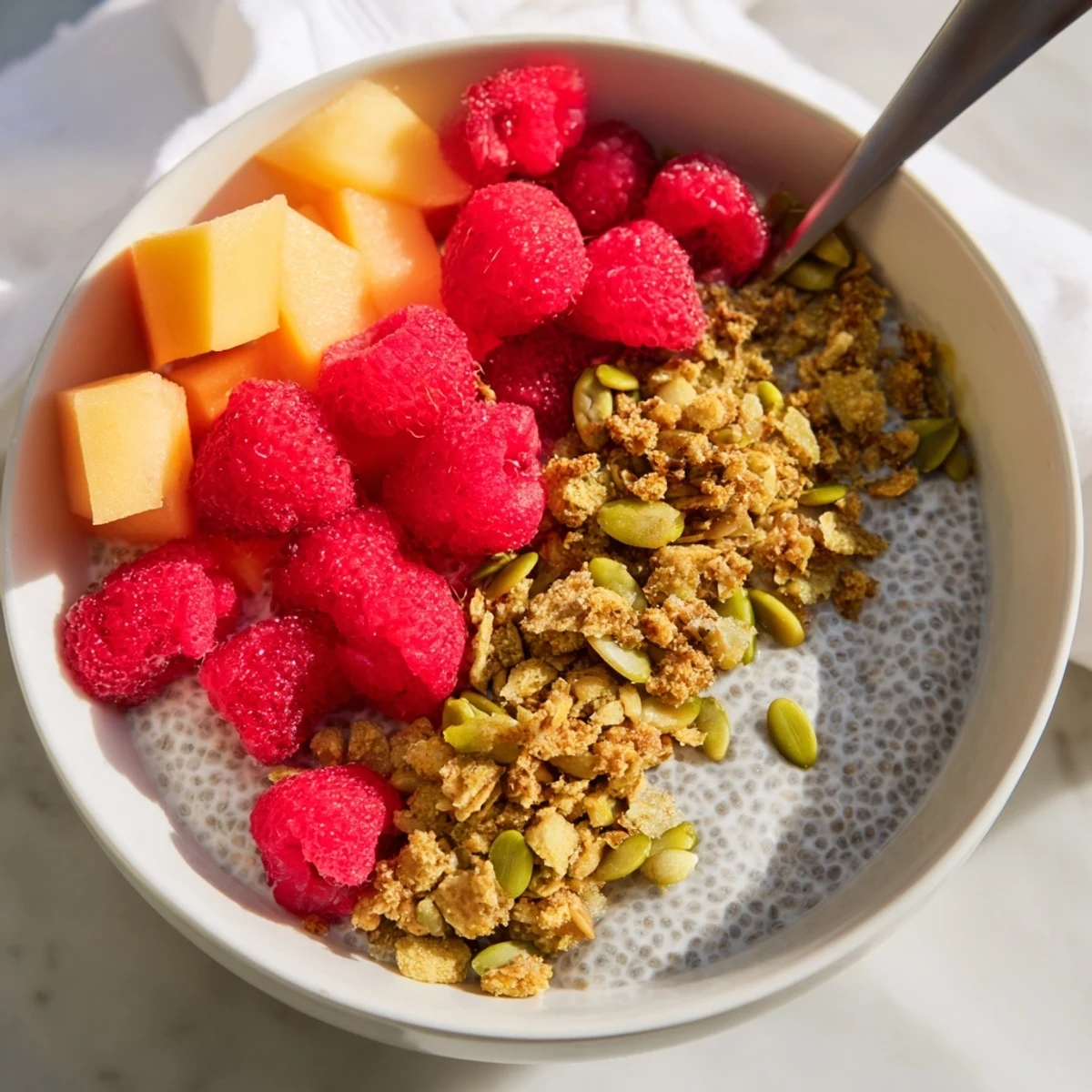 Creamy coconut chia pudding layered with ripe papaya and mint for a tropical breakfast