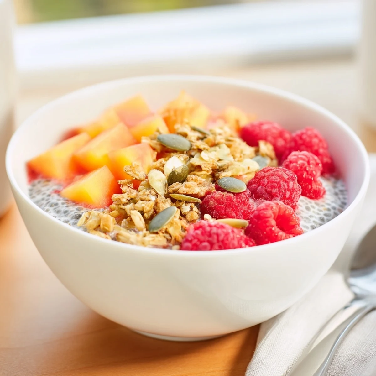 Vibrant papaya coconut vanilla bean chia breakfast bowl topped with fresh raspberries and granola