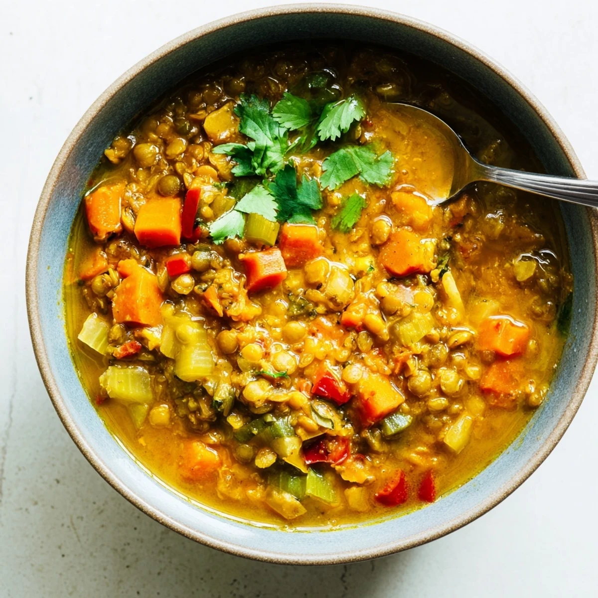 Creamy spiced coconut tomato green lentil soup garnished with fresh cilantro in a rustic bowl.