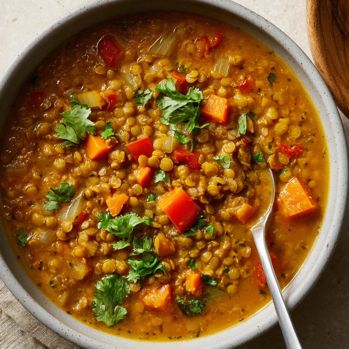 Hearty bowl of green lentil soup featuring tomatoes and coconut milk, topped with vibrant herbs.