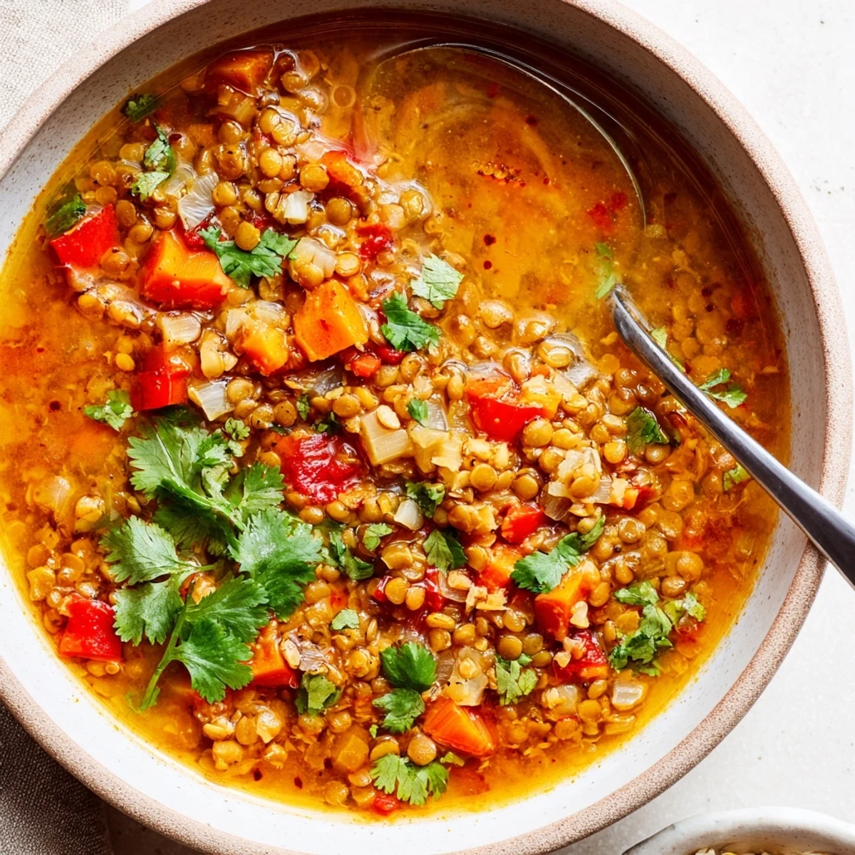 Steaming hot vegan soup with green lentils, coconut milk, and diced tomatoes ready for a spoon.