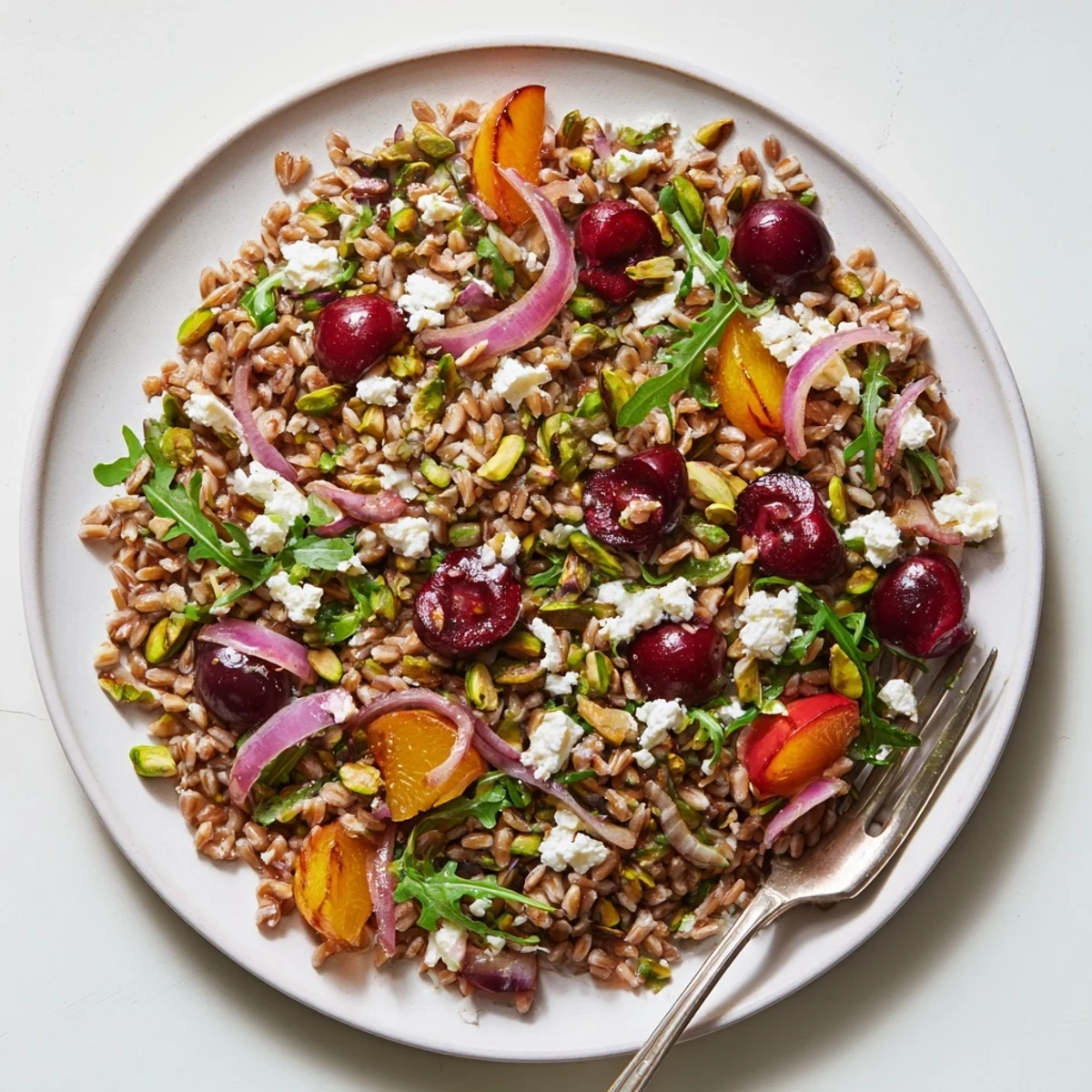 Vibrant salad plate with sweet roasted cherries, fresh citrus, and nutty cooked farro