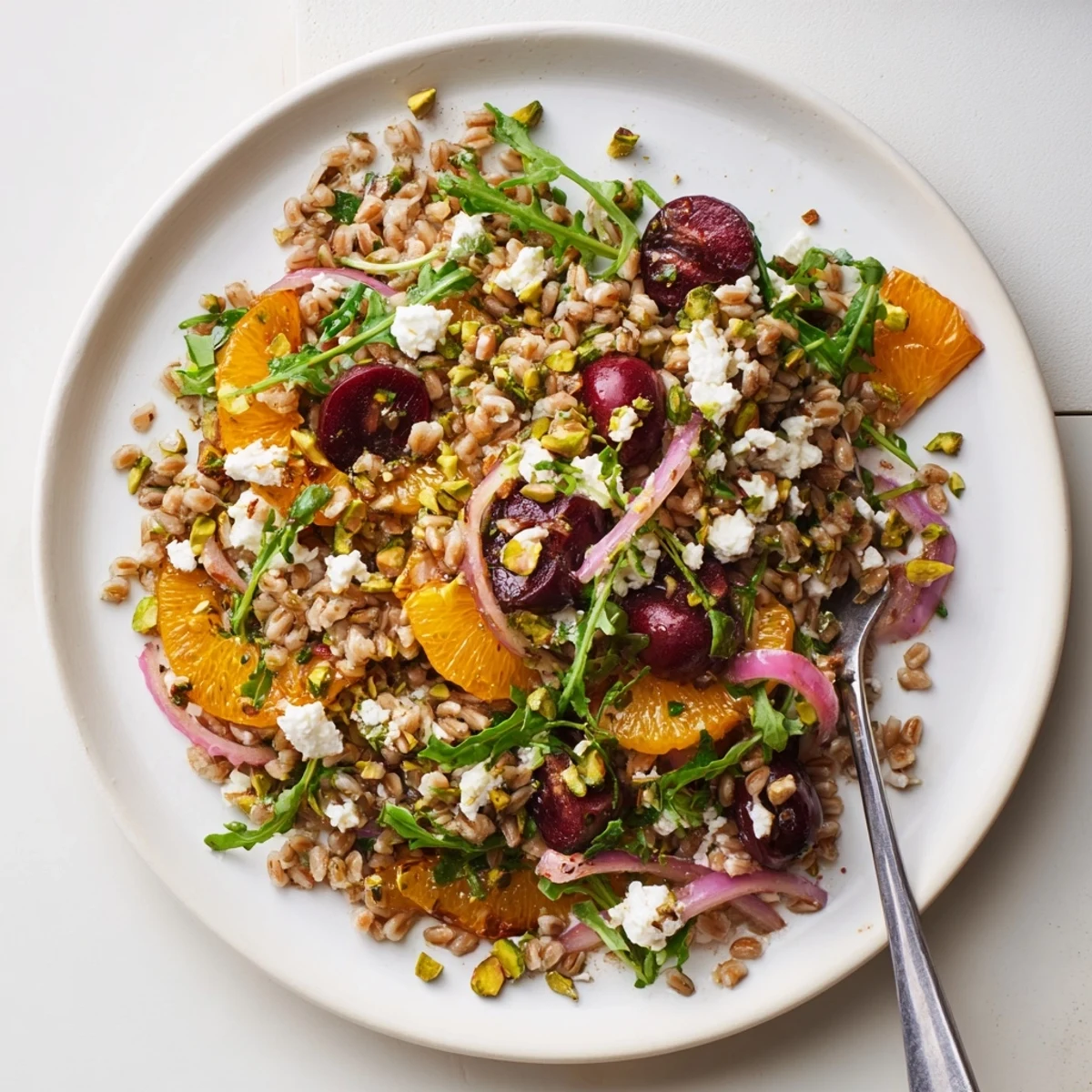 Golden bowl of roasted cherry thyme citrus farro grain salad topped with pistachios