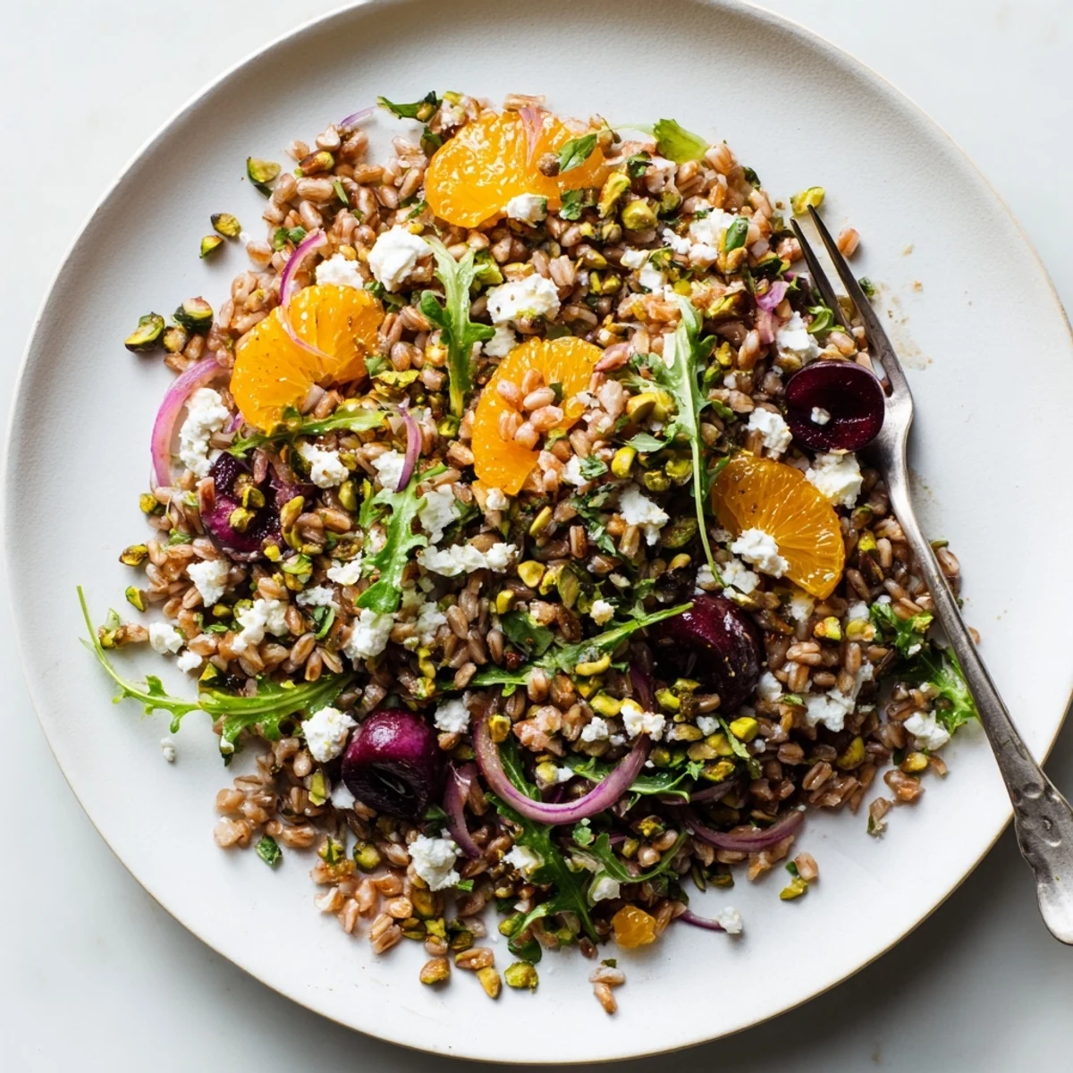 Close-up of vegetarian grain salad featuring caramelized cherries, feta cheese, and baby greens