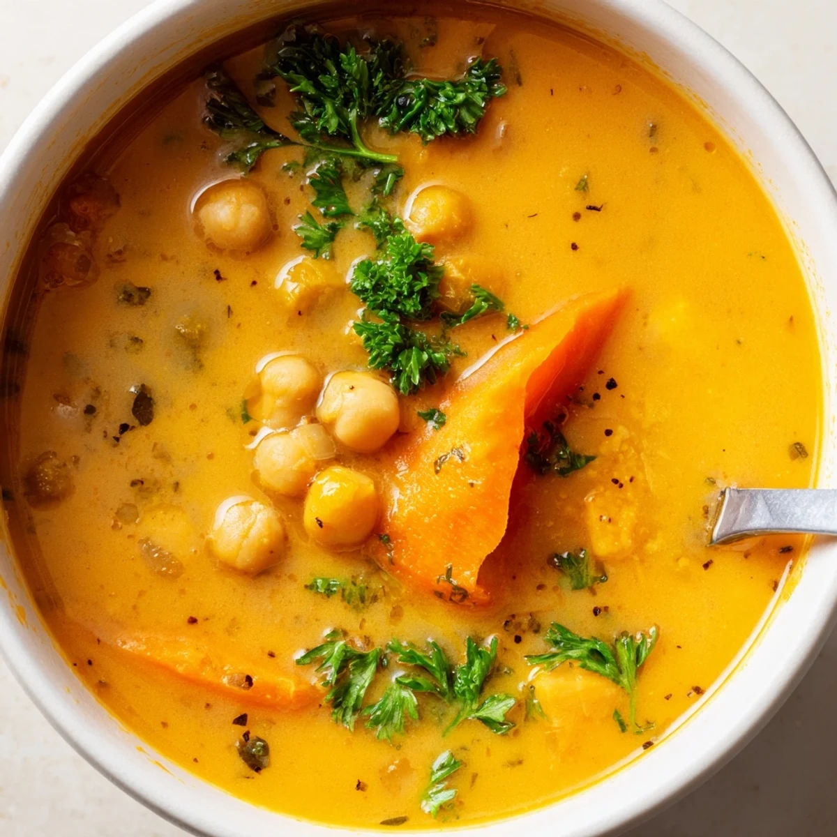 Creamy smoky chickpea and roasted carrot soup garnished with fresh parsley in a bowl.