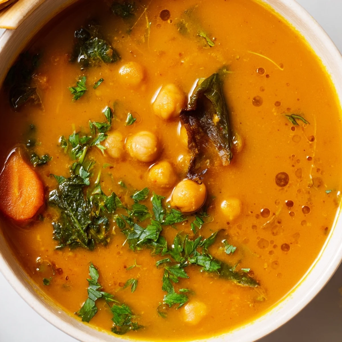 Vibrant orange hearty soup featuring roasted carrots and chickpeas topped with green herbs.