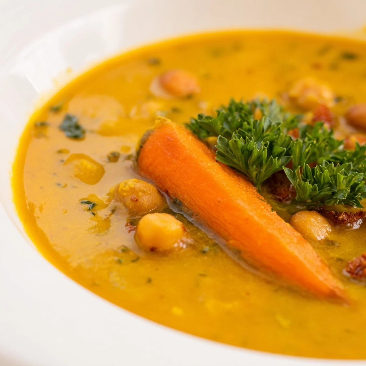 Close-up of blended smoky chickpea and roasted carrot soup steaming hot in a white bowl.