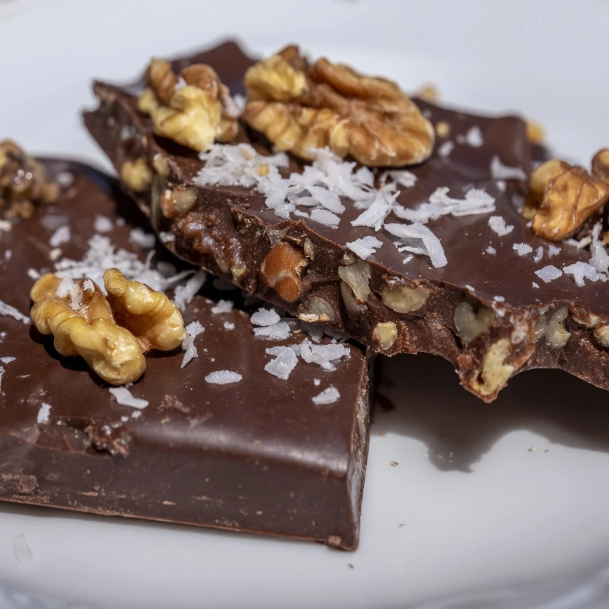 Sweet dark chocolate walnut coconut date bark broken into pieces for easy snacking.  