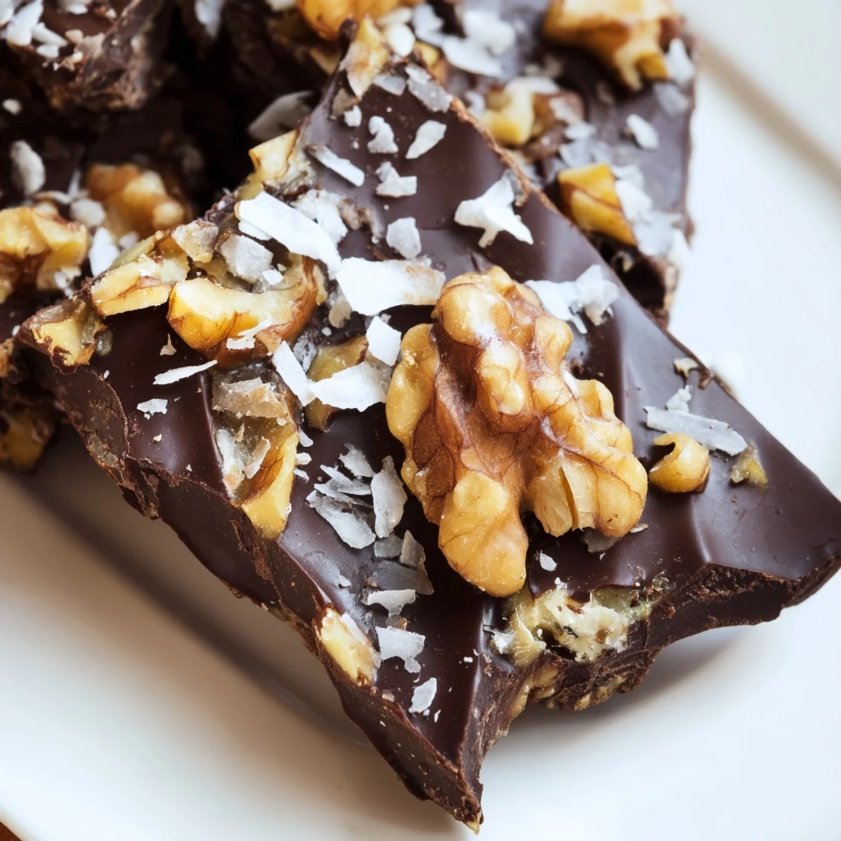 Dark chocolate walnut coconut date bark topped with sea salt and crunchy nuts.  