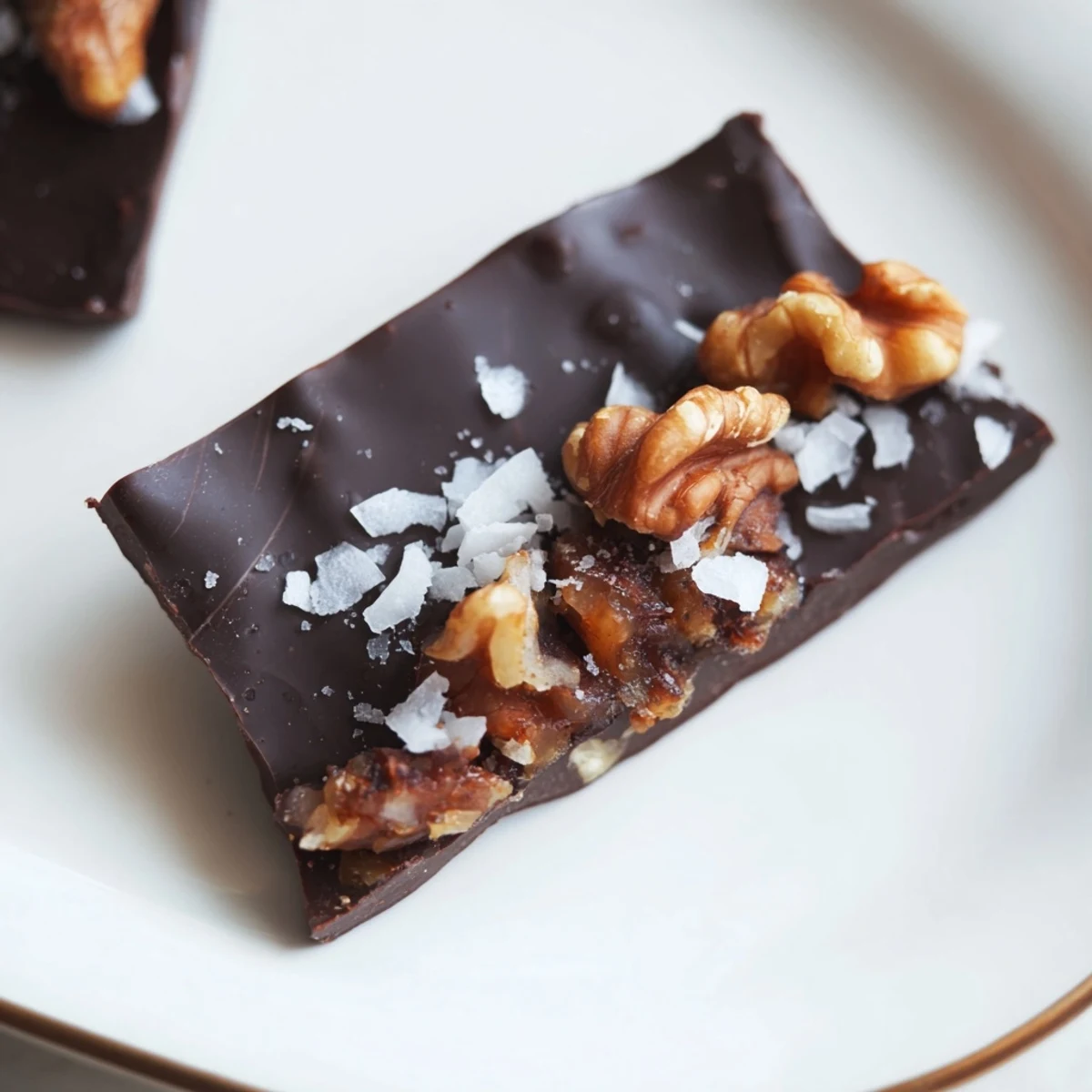 Homemade dark chocolate walnut coconut date bark featuring chewy dates and toasted coconut flakes.