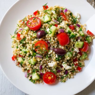 A bowl of Mediterranean Bulgur and Herb Grain Salad with fresh parsley and mint next to a lemon wedge.