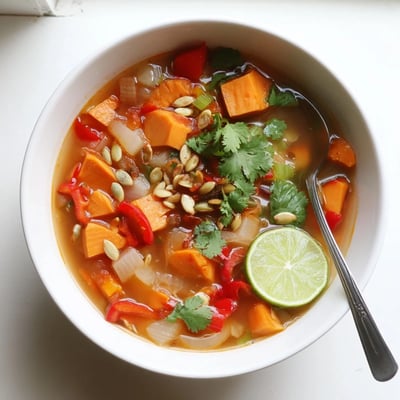 The steamy Smoky Chipotle Sweet Potato Hearty Soup features creamy sweet potatoes and vibrant red bell peppers.