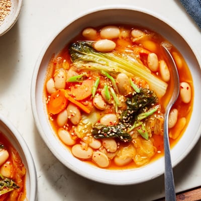 Spicy Kimchi White Bean Hearty Soup simmering in a pot with vibrant kimchi and carrots.