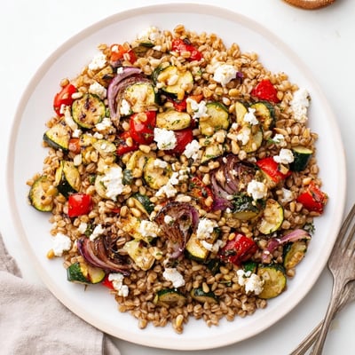 Herbed Barley and Roasted Vegetable Grain Salad in a white bowl with golden roasted veggies and fresh herbs.