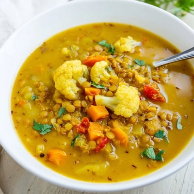 Hearty Curried Cauliflower and Lentil Hearty Soup served with crusty bread, featuring golden cauliflower florets and tender lentils.