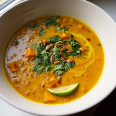 Golden spiced coconut pumpkin lentil soup ladled into a rustic ceramic bowl