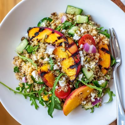 Smoky grilled peach jalapeño quinoa grain salad drizzled with zesty lime olive oil dressing