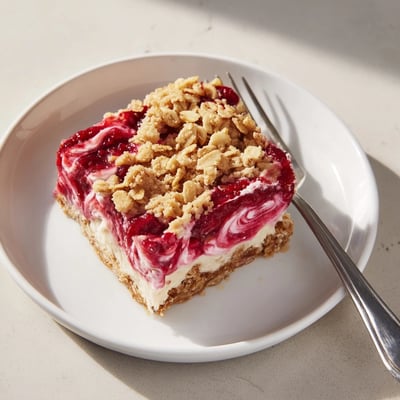 Raspberry vanilla cashew cream crumble squares with a swirl of tangy berry topping