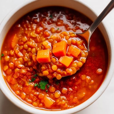 Bowl of Spiced Tomato Coconut Lentil Hearty Soup served with warm naan