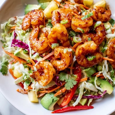 Sizzling shrimp with caramelized pineapple chunks atop a cool creamy avocado slaw